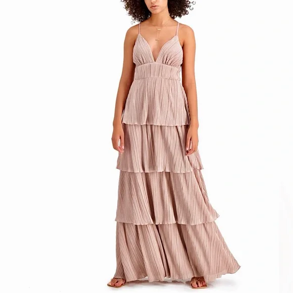 Dusty light pink Rose gold tiered layered maxi cocktail evening party gown dress - Picture 4 of 10